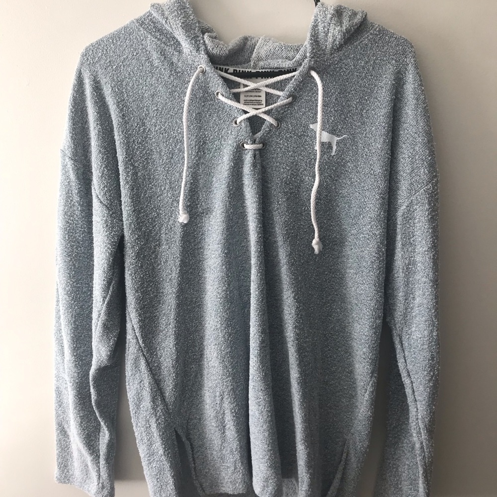 VS PINK lace up textured hooded sweatshirt